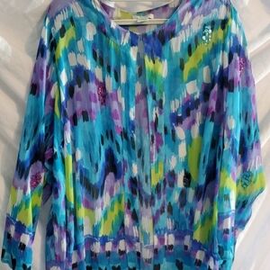 Vintage 100% Silk Laura Ashley Multicolor Abstract Blouse Boho Hippie Chic